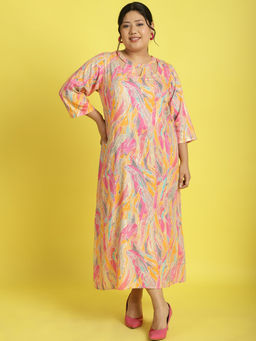 theRebelinme - Plus Size Womens Pink Gold Foil Printed A-Line Midi Dress