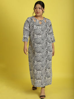 theRebelinme - Plus Size Womens Black & White Zebra Printed A-Line Midi Dress