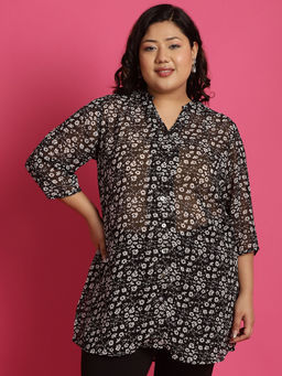 theRebelinme - Plus Size Womens Black & White Floral Print Longline Casual Shirt