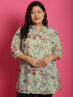 theRebelinme - Plus Size Womens Green & Red Floral Print Longline Casual Shirt