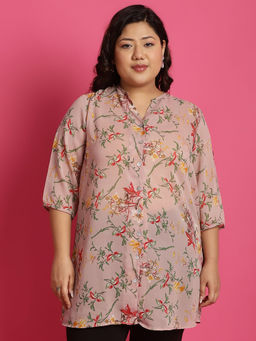 theRebelinme - Plus Size Womens Pink, Red & Green Floral Print Longline Casual Shirt