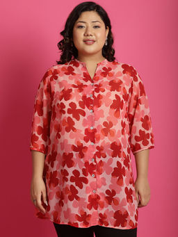 theRebelinme - Plus Size Womens Pink, Orange & Red Floral Print Longline Casual Shirt