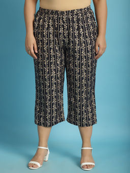 theRebelinme - Plus Size Womens Navy Gold Floral Printed Mid Calf Length Capri