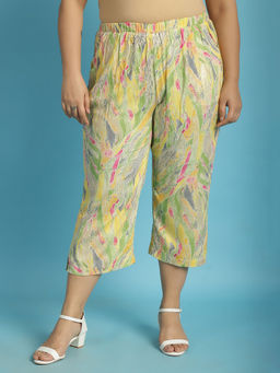 theRebelinme - Plus Size Womens Yellow Gold Foil Floral Printed Mid Calf Length Capri