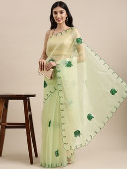 Vastranand - Solid Colour Organza Party Wear Saree With Mirror Work Butta with Unstitched Blouse