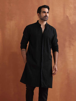 trueBrowns - Men's Black Textured Cotton Dobby Front Open Kurta
