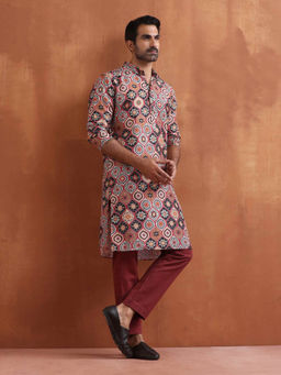 trueBrowns - Men's Rust Geometric Printed Kurta