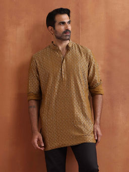 trueBrowns - Men's Mustard Cotton Dobby Short Kurta