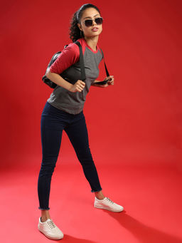 PINACOLADA - Solid Women Round Neck Charcoal-maroon Tops