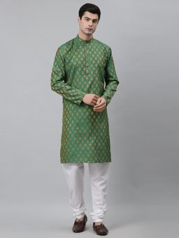 NEUDIS - Men Green Gold-Coloured Jacquard Straight Kurta and Churidaar (Set of 2)