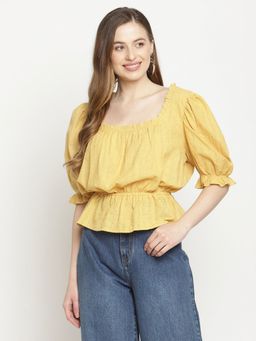 CAMLA - Mustard Self Design Square Neck Top Mustard