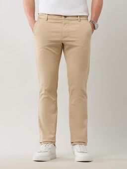 Arrow Sports - Men Slim Fit Mid-Rise Solid Beige Casual Trouser