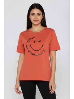 Zivame - Rust Smiley World Knit Cotton Loungewear T-Shirt