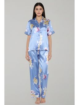 Zivame - Blue Floral Satin Shirt with Pyjama