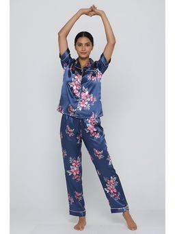 Zivame - Navy Blue Floral Satin Shirt with Pyjama