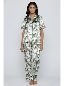 Zivame - White Leopard Satin Shirt with Pyjama
