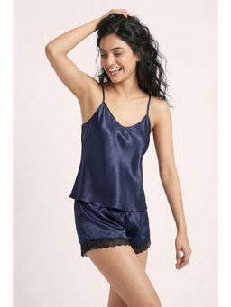 Zivame - Navy Blue Satin Sleep Top with Shorts