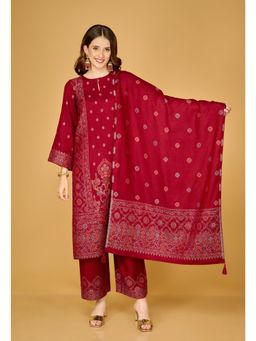Safaa - Womens Maroon Acro Wool Woven Unstitched Suit and Dupatta (Set of 3)