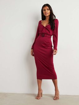 Styli - Burgundy Sweetheart Neck Belted Bodycon Midi Dress With Puff Sleeves (Set of 2)