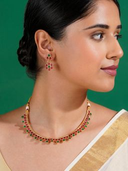 Teejh - Anubha Red and Green Ruby Gold Necklace & Earrings Set
