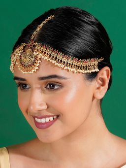 Teejh - Divyanshi Gold Finish Red and Green Maang Tikka