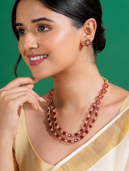 Teejh - Ishanya Gold Finish Red Necklace & Earrings Set
