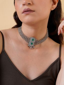 Teejh - Vaishnavi Silver Green Choker Necklace