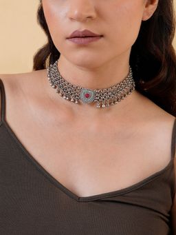 Teejh - Uzma Silver Mehroon Choker Necklace