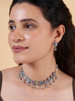 Teejh - Chogada Multi-Color Silver Oxidised Necklace & Earrings Set