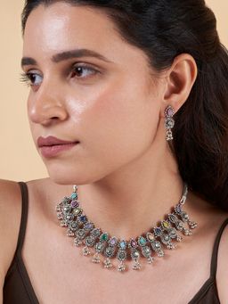 Teejh - Dholi Taro Dhol Baaje Multi-Color Silver Oxidised Necklace & Earrings Set