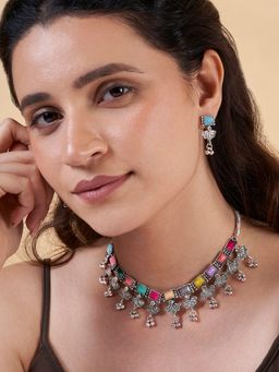 Teejh - Nagada Sang Dhol Multi-Color Silver Oxidised Necklace & Earrings Set