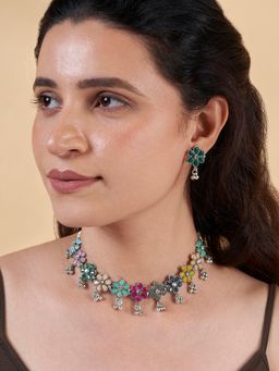 Teejh - Rangtaari Multi-Color Silver Oxidised Necklace & Earrings Set