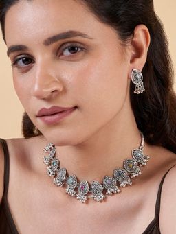 Teejh - Odhani Multi-Color Silver Oxidised Necklace & Earrings Set