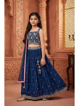 Lagorii - Navy Blue Embroidered Lehenga and Choli with Net Dupatta