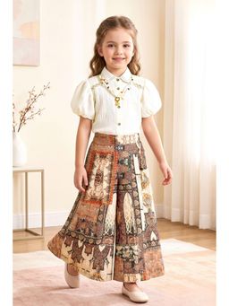Lagorii - Elegant Ivory Top And Ethnic Print Wide-Leg Pant