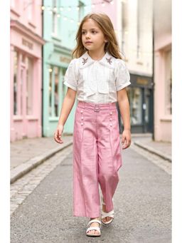 Lagorii - Elegant White Embroidered Shirt And Pink Straight-Leg Pant
