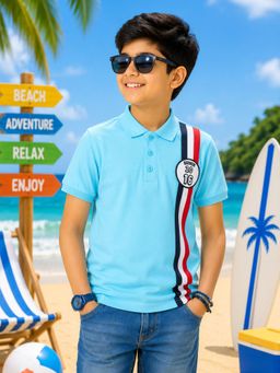 KiddoPanti - Boys Cotton Knit Half Sleeves Batch Detailed Printed Polo T-Shirt
