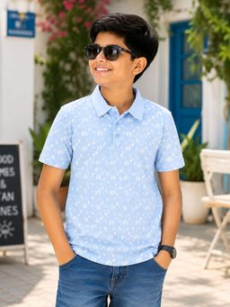 KiddoPanti - Boys Cotton Knit Half Sleeves All Over Graphic Printed Polo T-Shirt