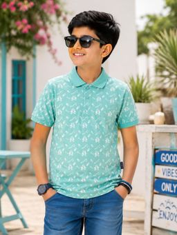 KiddoPanti - Boys Cotton Knit Half Sleeves All Over Graphic Printed Polo T-Shirt