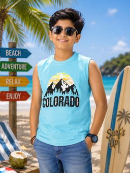KiddoPanti - Boys Cotton Knit Sleeveless Colorado Printed T-Shirt