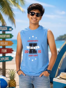 KiddoPanti - Boys Cotton Knit Sleeveless Winner Printed T-Shirt