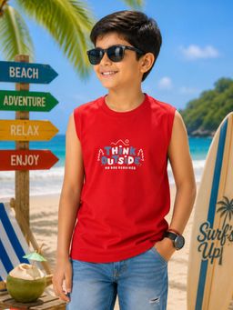 KiddoPanti - Boys Cotton Knit Sleeveless Think Outside Printed T-Shirt