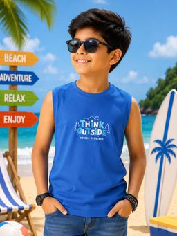 KiddoPanti - Boys Cotton Knit Sleeveless Think Outside Printed T-Shirt