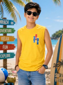 KiddoPanti - Boys Cotton Knit Sleeveless Camp Life Printed T-Shirt