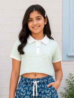 KiddoPanti - Girls Cotton Knit Half Sleeves Striped Printed Crop Length Polo T-Shirt