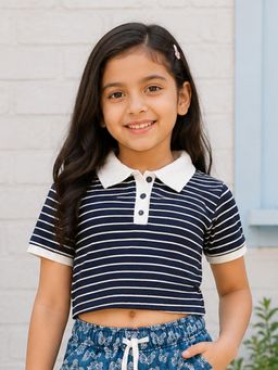 KiddoPanti - Girls Cotton Knit Half Sleeves Striped Printed Crop Length Polo T-Shirt