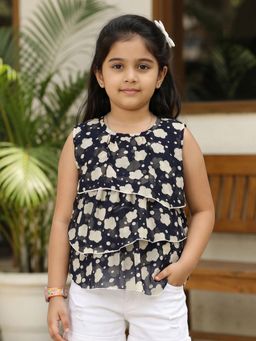 KiddoPanti - Girls Georgette Woven Sleeveless Floral Printed Layered Top