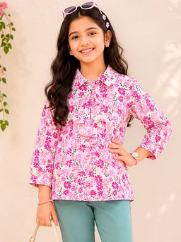 KiddoPanti - Girls Georgette Woven Full Sleeves Floral Printed Collar Neck Top