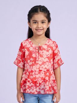 KiddoPanti - Girls Georgette Woven Half Sleeves Floral Printed Tie Up Tiered Top