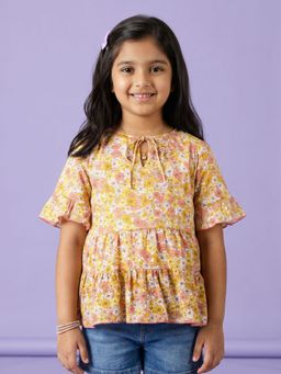 KiddoPanti - Girls Georgette Woven Half Sleeves Zig-Zag Printed Tie Up Tiered Top